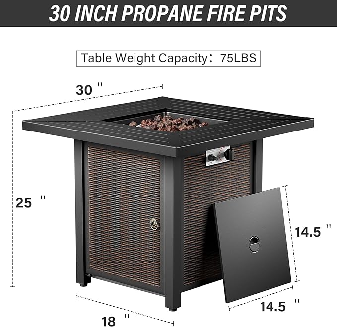 Belord 30 Inch CSA Listed Propane Fire Pit Table - 50000 BTU Square Outdoor Fire Pit Table with Lid and Lava Rock for Patio Backyard Deck and Outdoor Gatherings