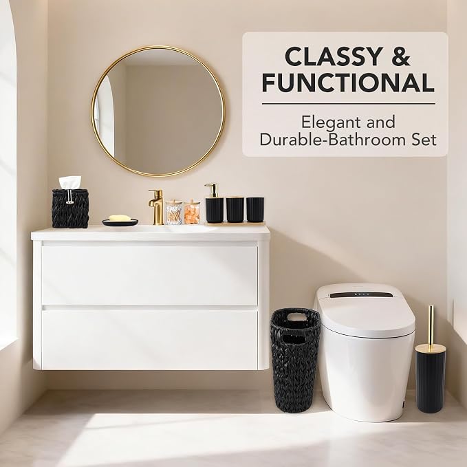 Bathroom Accessory Set, 10 Pieces Bath Set- Wicker Trash Can Tissue Box Soap Dish Toothbrush Holder Rinse Cup Lotion Bottle Toilet Brush Qtip Holder - Practical Bathroom Decor Sets (Black, Bath Set)