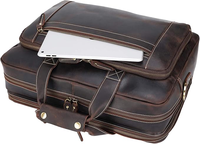 compalo Men's Solid Thick Full Grain Leather 17.3" Laptop Briefcase Classic Messenger Bag Fit Business Travel | Solid, Thick, Full Grain Leather, 17.3", Classic, Fit, Business Travel