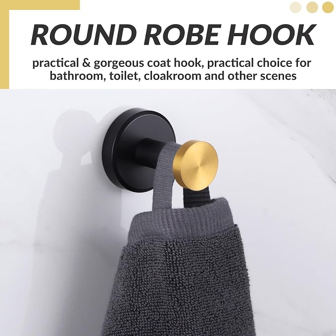 APLusee Black Gold Robe Towel Hook, Stainless Steel Coat Hanger, Clothes Holder for Bath Toilet Accessories, Wall Mounted