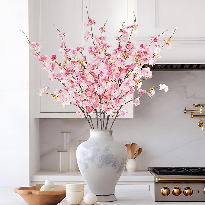 8 Pcs Artificial Cherry Blossom Flowers 40" Faux Silk Cherry Blossom Stems Fake Real Touch Peach Branches for Wedding Home Garden Japanese Decor Pink