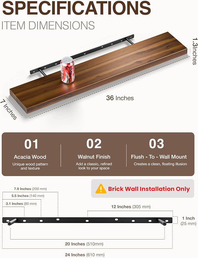 BATODA Set of 2 36" Acacia Floating Shelves for Wall – Rustic Farmhouse Floating Shelves - Wooden Wall Storage Shelf Home Décor - DIY Floating Book Shelves - with Brackets & Hardware (Walnut Color)