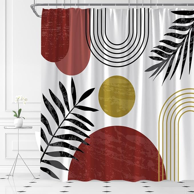 Mid Century Modern Shower Curtain Boho Red Abstract Retro Aesthetic Fabric for Bathroom Decor Bathtub with Hooks (70" WX74.8 H)