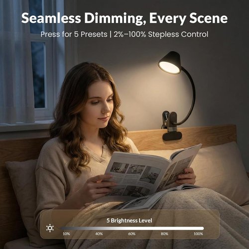 LEPOWER Clip-On Light - 7W Eye-Care Reading Light with Stepless Dimming & Auto Timer | Black, 5 Colors Available