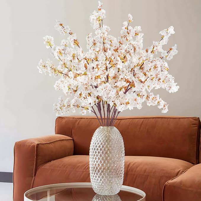 12 Pcs Artificial Cherry Blossom Flowers 40" Faux Silk Cherry Blossom Stems Fake Real Touch Peach Branches for Wedding Home Garden Japanese Decor Ivory White