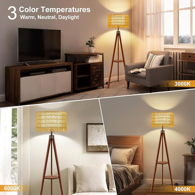 Boho Rattan Floor Lamp with Shelf & Bulb Included, Wicker Tripod Floor Lamp 3 Color Temperatures, Wood Rustic Tall Lamps with Foot Switch, Walnut Boho Standing Lamps for Living Room Bedroom
