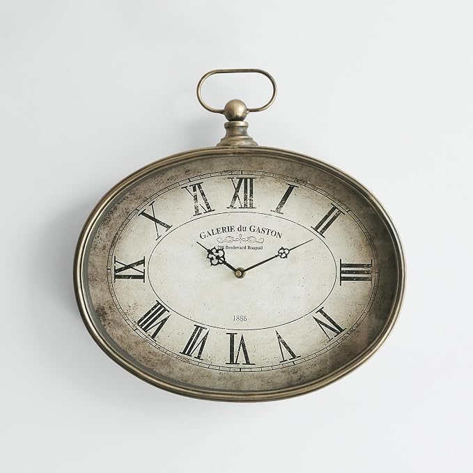 Vintage Decorative Wall Clock - 16 inch, Distressed Gold, Oval Pocket Watch Design, Roman Numerals, Battery Operated, Large Antique Style for Living Room, Kitchen, Bedroom Decor