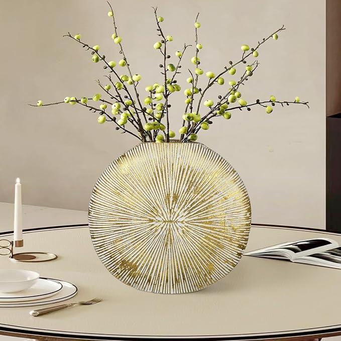 Gold Metal Vase for Home Decor – 13" x 11.8" Modern Decorative Vase for Pampas Grass, Artificial Flowers & Dried Bouquets – Elegant Textured Flower Vase for Living Room, Bedroom & Office
