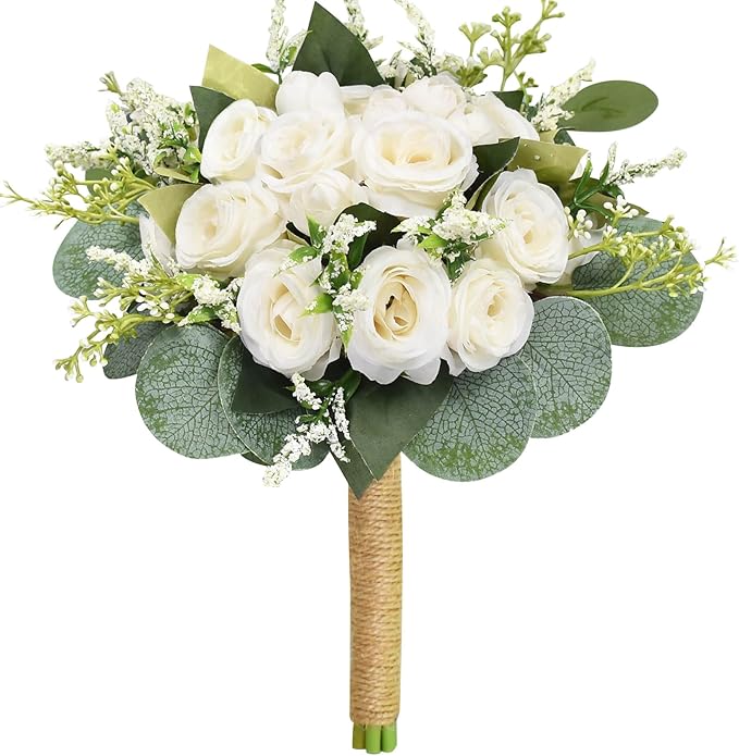 Wedding Bouquets for Bride Bridesmaid, 7.8" White Ivory Bouquet Artificial Silk Roses Flowers with Eucalyptus for Wedding Church Decoration