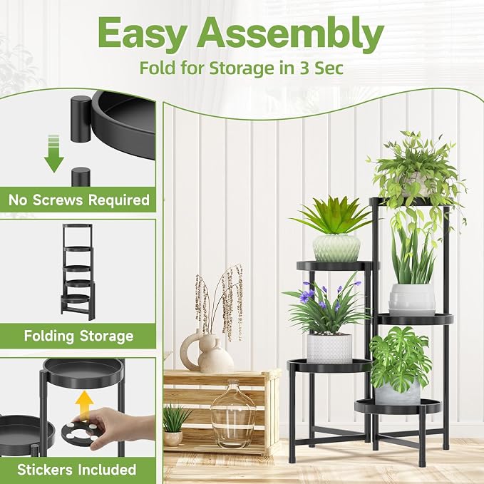 iDavosic.ly 5 Tier Large Plant Stand Indoor with Grow Light, Tiered Corner Metal Outdoor Flower Display Holder Shelf with 10 Inch Wide Tray, Folding Tall Rack for Patio Porch Living Room, Black