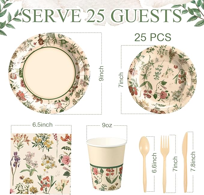 Roshtia 25 Set Floral Party Supplies Flower Paper Plates Napkins Tablewares Disposable Flower Dinnerware for Girls Women Floral Birthday Tea Party Decorations Favors