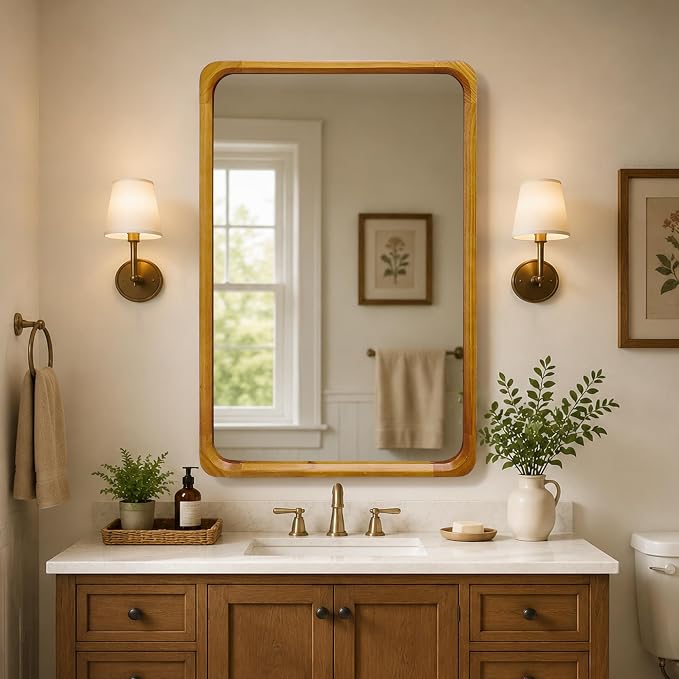 Tanmicoshomy Natural Wood Bathroom Mirror 24 x 36 Inch, Solid Wood Framed Rectangle Mirrors with Tempered Glass for Living Room Bedroom Office or Entryway