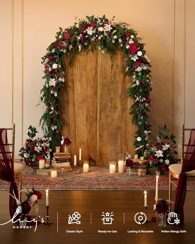 Ling's moment Christmas 9FT Eucalyptus and Willow Leaf Garland with White Flower, Handcrafted Wedding Sweetheart Table Centerpieces Head Table Decor Arch Backdrop Decorations for Wedding | Red & White