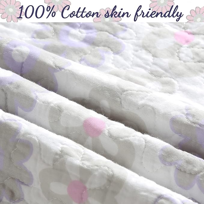 Cozy Line Home Fashions Whimsical Purple Lavender Pink Floral 100% Cotton Girls Reversible Quilt Bedding Set, Bedspread, Coverlet (Lilac Bloom, Twin - 2 Piece)
