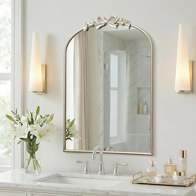 Besdomus Vintage Arched Wall Mirror: 24"x36" Large Champagne Silver Antique Bow Wall Mounted Mirror - Baroque Traditional Ornate for Entryway/Fireplace/Bathroom/Hallway - Wall Decor for Housewife