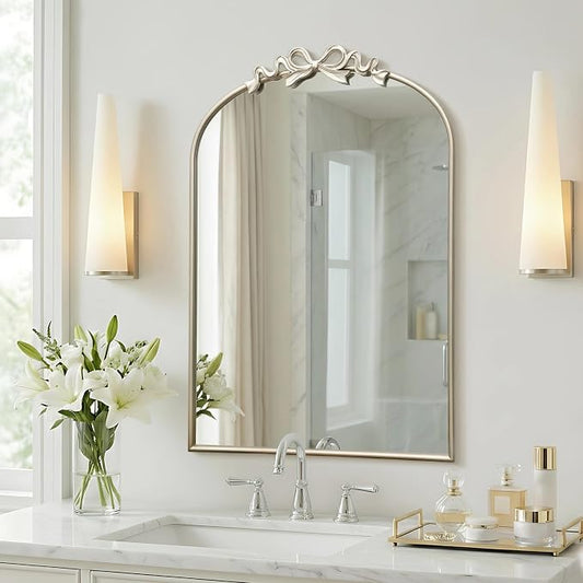 Besdomus Vintage Arched Wall Mirror: 24"x36" Large Champagne Silver Antique Bow Wall Mounted Mirror - Baroque Traditional Ornate for Entryway/Fireplace/Bathroom/Hallway - Wall Decor for Housewife