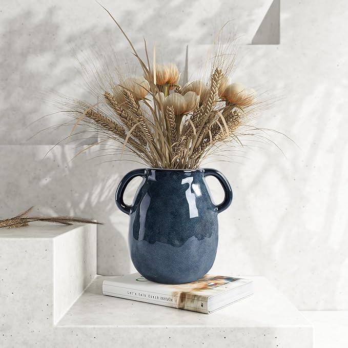 7 Inch Retro Navy Blue Ceramic Vase with Handles, Modern Glazed Blue Vase for Flowers, Farmhouse Vintage Flower Vase Decorative for Home Decor, Table, Counter, Living Room, Bedroom, Entryway
