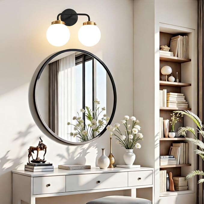 Black Gold Bathroom Light Fixtures Over Mirror, 14.17'' Vanity Lighting with Milk White Glass Globe Shades 2-Light Farmhouse Wall Sconce