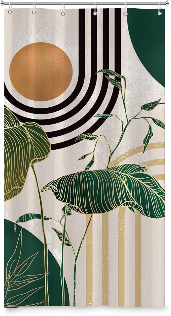Boho Green Geometric Shower Curtain Bohemian Abstract Mid Century Tropical Bathroom Curtain Minimalist Modern Palm Leaf Shower Curtain Sets for Bathroom Extra Long 54x72 in with 10 Hooks
