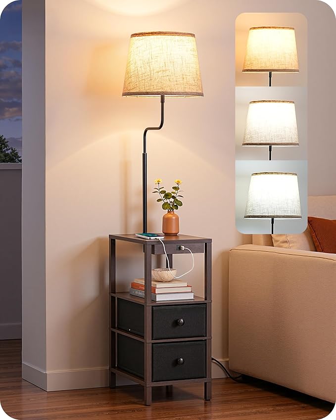 EDISHINE Floor Lamps for Living Room, Dimmable Bedside Floor Lamp with Table and 2 Shelves, USB-A+Type-C Port, Farmhouse Standing Light for Bedroom, Den, Office with Bulb, Dark Walnut