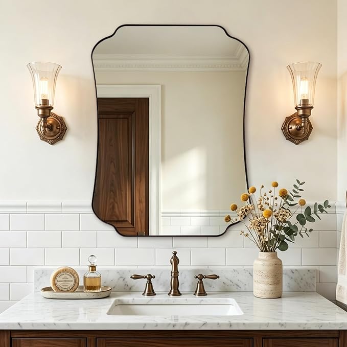 ANDY STAR Bronze Bathroom Mirror 24x32 Inches, Small Ornate Scalloped Wall Mirror with Distinctive Notched Edge Stainless Steel Frame for Hallway, Lounge and Vanity Area