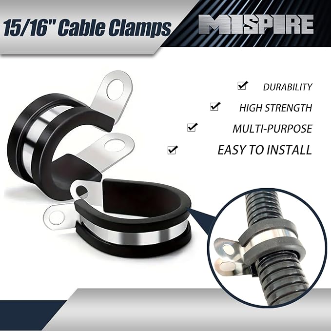 15/16 Inch Rubber Cable Clamps 50 PCS, 304 Stainless Steel Hose Pipe Clamps, Automotive Wire Rubber Insulated Clamps, Metal Clamps for Tube, Pipe and Wire Cord Installation