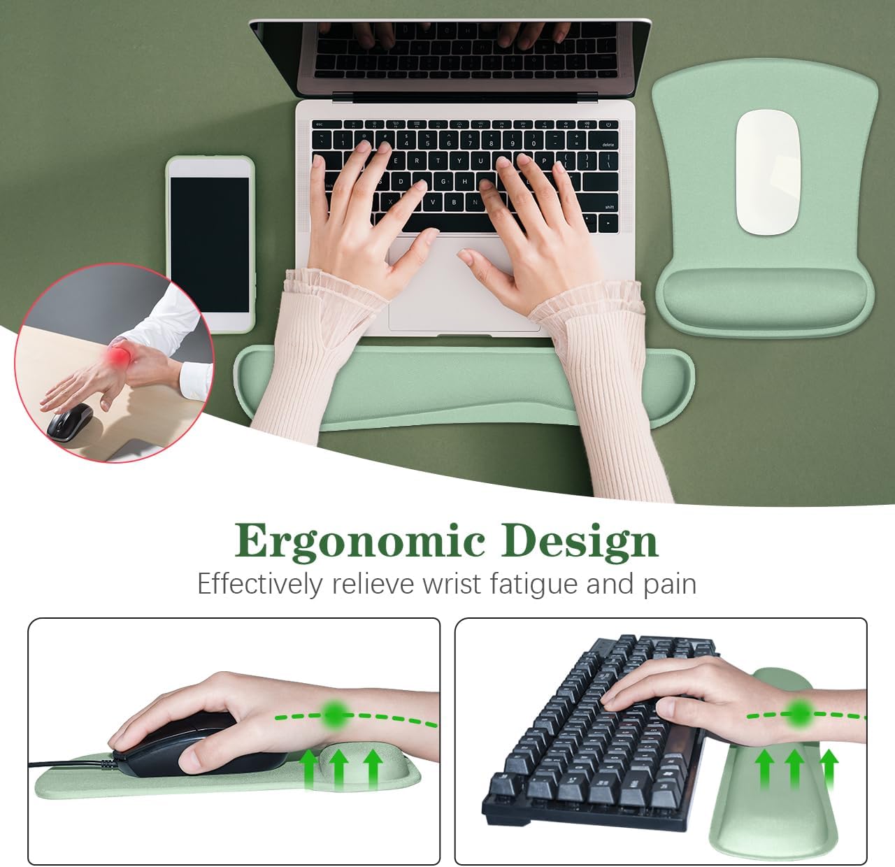 Skiennix Ergonomic Wrist Rest Set - Comfortable Memory Foam Keyboard Pad & Soft Gel Mouse Pad | Green