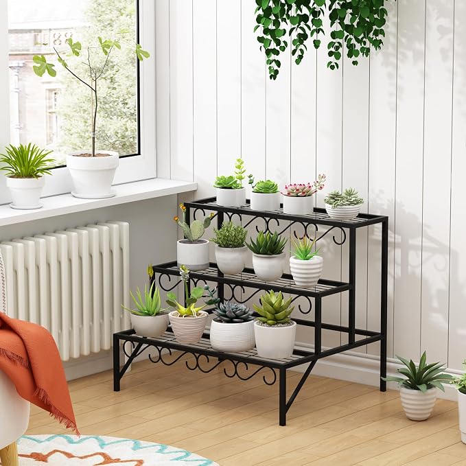 3 Tier Metal Plant Stand Outdoor Indoor, Heavy Duty Flower Pot Holder Display Shelf,Multifunctional storage rack for Patio Garden Livingroom Bedroom,Black
