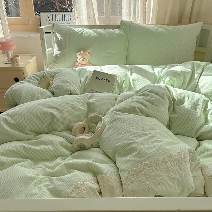 LifeTB Green Gingham Duvet Cover Queen 3 Pieces Romantic Lace Duvet Cover Soft Washed Microfiber Green Grid Plaid Comforter Cover with 2 Pillowcases Farmhouse Checkered Gingham Bedding Set