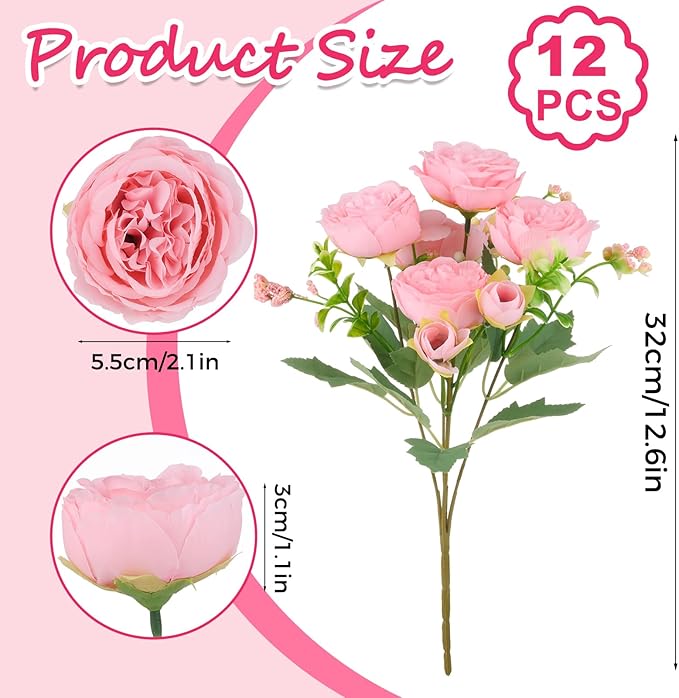 Olgaa 12 Bundles Peonies Artificial Flowers Artificial Peonies Silk Flowers Bulk Fake Peony Bouquet for Bridal Shower Decorations Wedding Table Centerpiece (Light Pink)