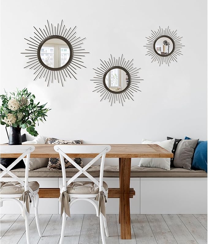 Sunburst Spoked Mirrors for Wall Boho Home Round Wall Art Mirror Classic Metal Modern Hanging Mirror Living Room Hallway Bathroom Bedroom Office Vanity Entryway
