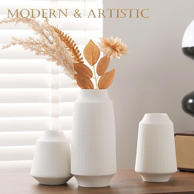Ceramic Vase Set of 3 - Handcrafted Ceramic Vases for Home Decor & Shelf - Modern Farmhouse Decor for Kitchen, Office, Bedroom & Living Room Decorative Objects for Mantel, Table Centerpieces