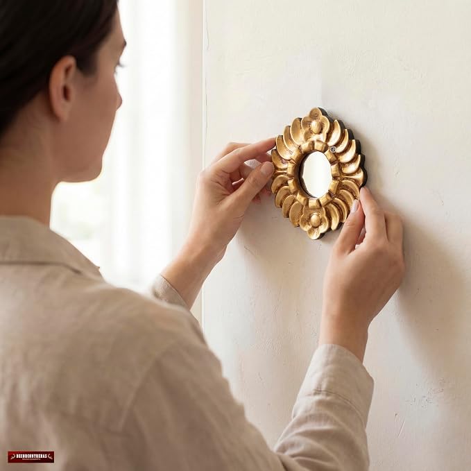 Peruvian Accent Mirror 6" - Small Round Gold Wall Decor - Hand-Carved Sunburst Mirror with Bronze Leaf - Unique (Gold)
