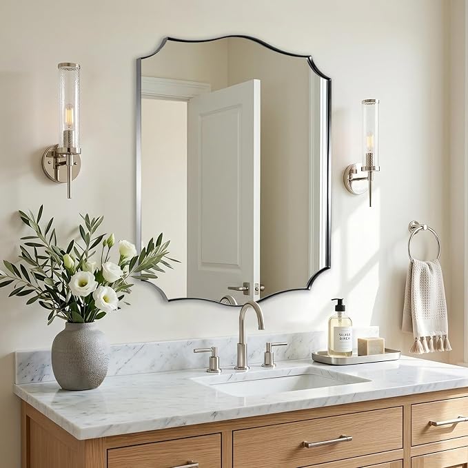 ANDY STAR 24x30 Inch Brushed Nickel Bathroom Mirror, Scalloped Mirror for Vanity, Modern Silver Mirror in Rustproof Stainless Steel Frame, Elegant Curved Scallop Design, Ideal for Home Remodel