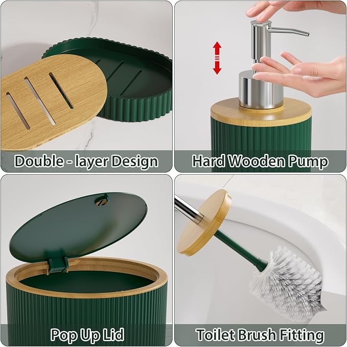 Dark Green Bathroom Accessory Set - Bathroom Sets, 25PC Bath Accessories Set, Bathroom Sets with Push Top Trash Can, Shower Curtain and Rugs, Toilet Brush, Trash Can & Soap Dispenser