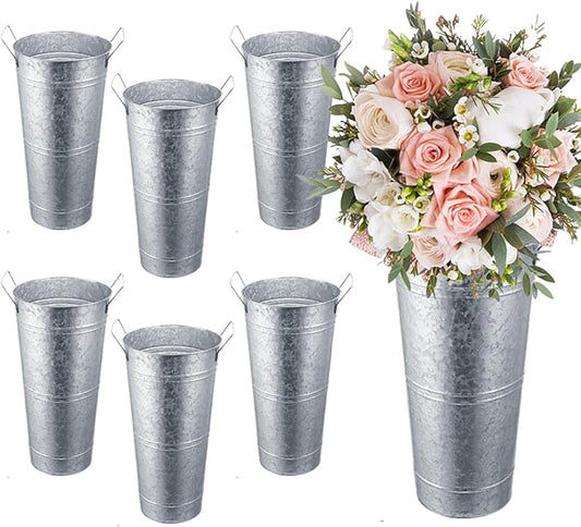 6 Pack Galvanized Metal Vases 9 Inch Flower Buckets Bulk Farmhouse French Flowers Bucket Metal Vase Decor for Home Decor and Wedding Table Centerpiece Decorations (Silver)