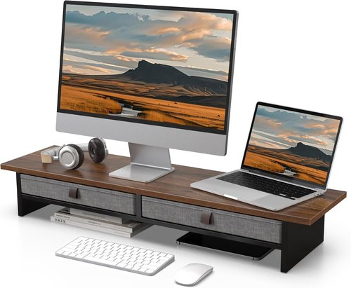 Fenge Dual Monitor Stand - 2-Tier Desk Riser with Drawer for 35 Inch Monitors | Home & Office Use