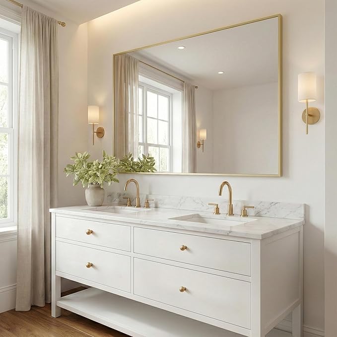 48"x36" Gold Landscape Bathroom Mirror for 48-60 inch Vanity, Shatterproof Tempered Glass, Narrow Metal Frame, Ultra-Flush Mount