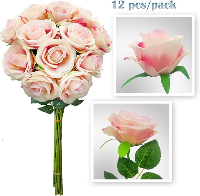 12 PCS Rose Artificial Silk Flowers, Fake Roses with Long Stems Realistic Faux Rose Flower Bouquets for Home Wedding Decoration Party-Gradient Pink