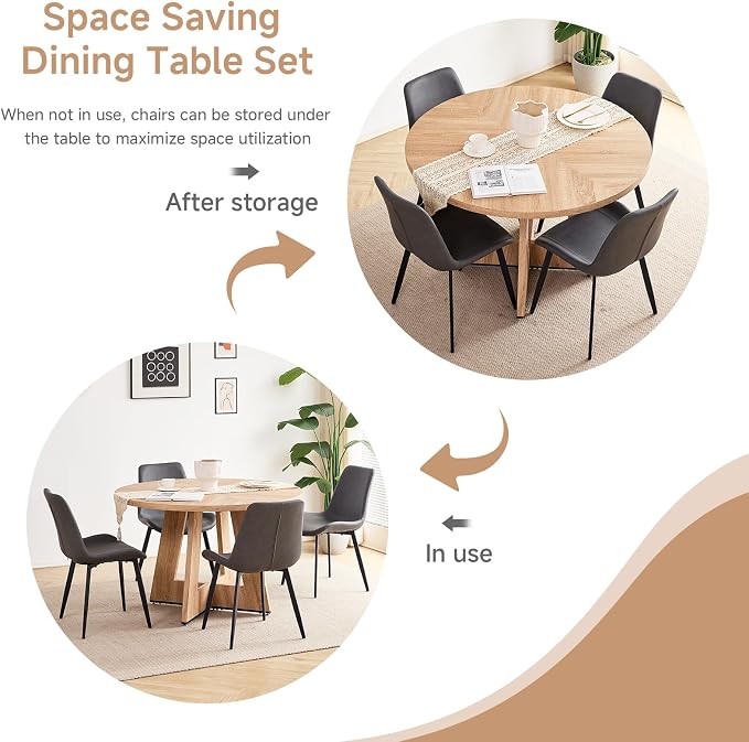 47 inch Round Dining Table Set for 4 with Chairs Kitchen Table and Chairs Set Mid-Century Modern Round Wood Kitchen Tables with Upholstered Synthetic Leather Chairs Set of 4