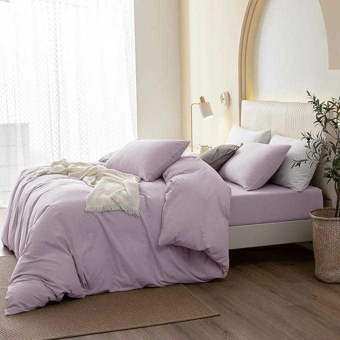 JIYUAN 100% Washed Cotton Duvet Cover Set 3 Pieces Oversized King, 1 Duvet Cover 120x98 Inches(Comforter Not Included) and 2 Pillowcases,Linen Like Comfy and Breathable,Heathered Light Purple