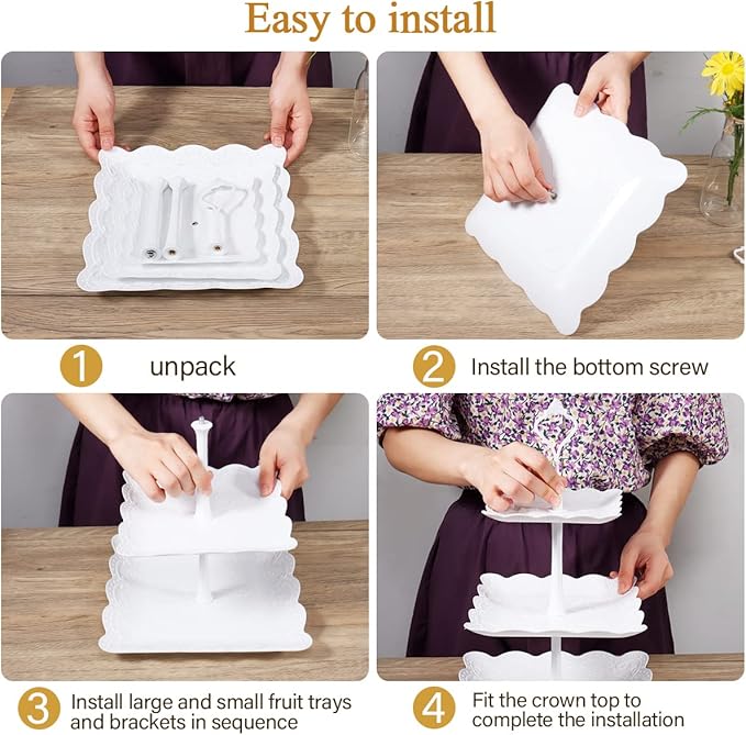 10 Pcs Cake Stand White Plastic Dessert Table Display Set 4 Pcs 3 Tired Cupcake Stand Cookie Tray Rack Serving Tray Cake Display Tower and 6 Pcs Dessert Trays for Wedding Baby Shower Tea Party (White)