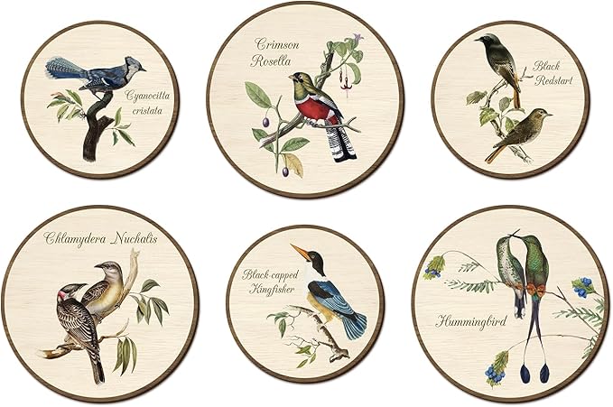 TOARTi 6pcs Vintage Bird Wall Art Set(9.9”x3/7.9”x3) Round Bird Botanical Wooden Plaques Rustic Bird Plant Round Wall Hanging Farmhouse Birds Wall Decor for Home Bedroom Living Room Bird Lover Gift