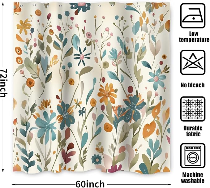 Colorful Floral Shower Curtain, Wildflower Plant Leaves Cute Flower Spring Herbs Waterproof Fabric Machine Washable for Bathroom Bathtub Decor with Hooks 60Wx72H
