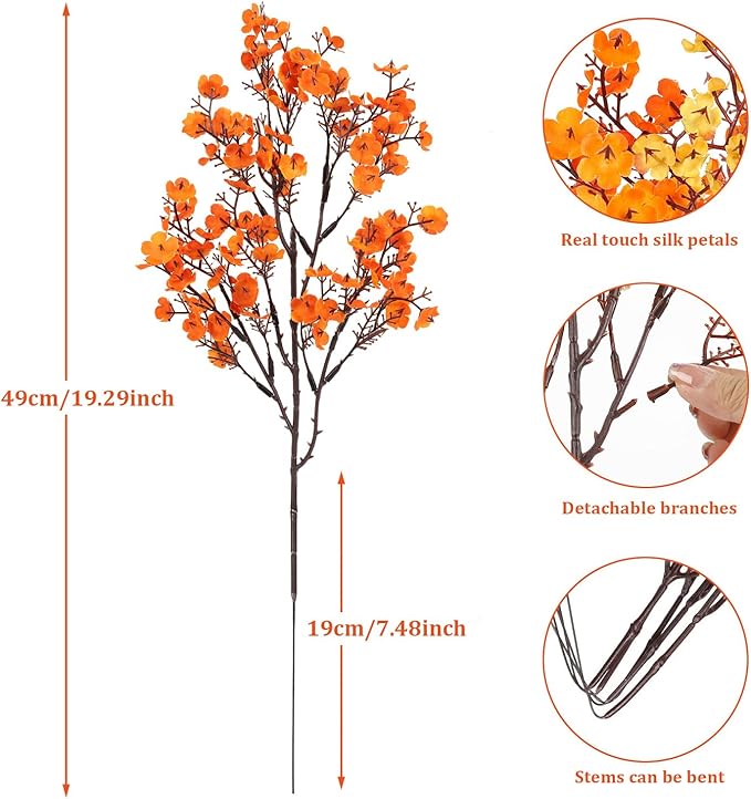 8Pcs Babys Breath Artificial Fake Fall Flowers, Real Touch Orange Yellow Plants Silk Flowers for Vase Home Office Wedding Indoor Outdoor Centerpiece Table Party Autumn Christmas Decorations