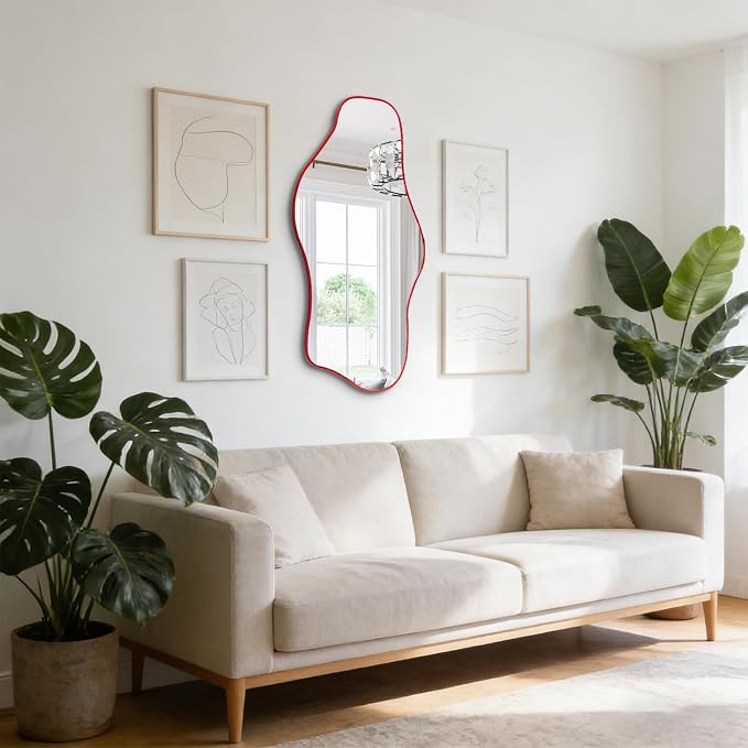 Irregular Frameless Mirror, 35.8"x17.7" Asymmetrical Tempered Glass Mirror, Modern Organic Shaped Wall Mirrors for Entryway Bedroom Living Room Bathroom, Horizontal or Vertical Hanging