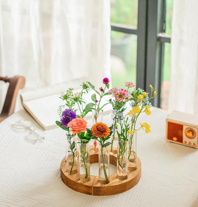 Melphoe Glass Bud Vases Small Flower Vase for Centerpieces Wedding Table Decorations, Home Decor, Propagation Station Plant Terrarium with Wooden Stand, Unique Plant Lover Gifts for Women (Brown)