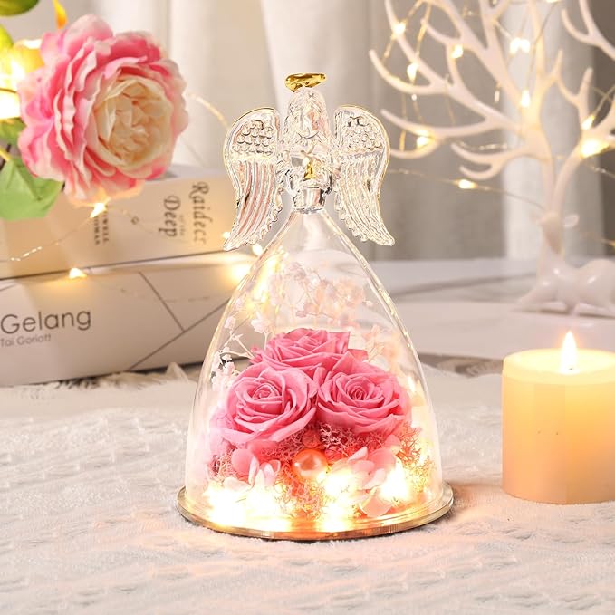 ANWEAO Mothers Day Flowers Gifts for Mom,Angel Gifts for Women,Birthday Gifts for Women,Preserved Real Rose in Glass Angel Figurines,Preserved Flower Gift for Grandma Mom Wife Girlfriend