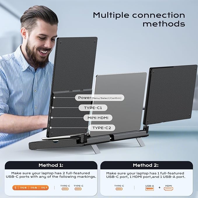 UK BONITOYS Laptop Screen Extender, 14" FHD 1080P Laptop Monitor Extender, Stretchable Base and Detachable Screen, Plug & Play, Triple Screen Extender Compatible with Windows, Mac, Chrome
