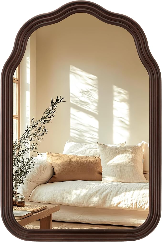 Tanmicoshomy Rustic Wood Bathroom Mirror 20x30 Inch, Arched Wall Mirrors with Tempered Glass for Living Room, Bedroom or Entryway(Dark Brown)